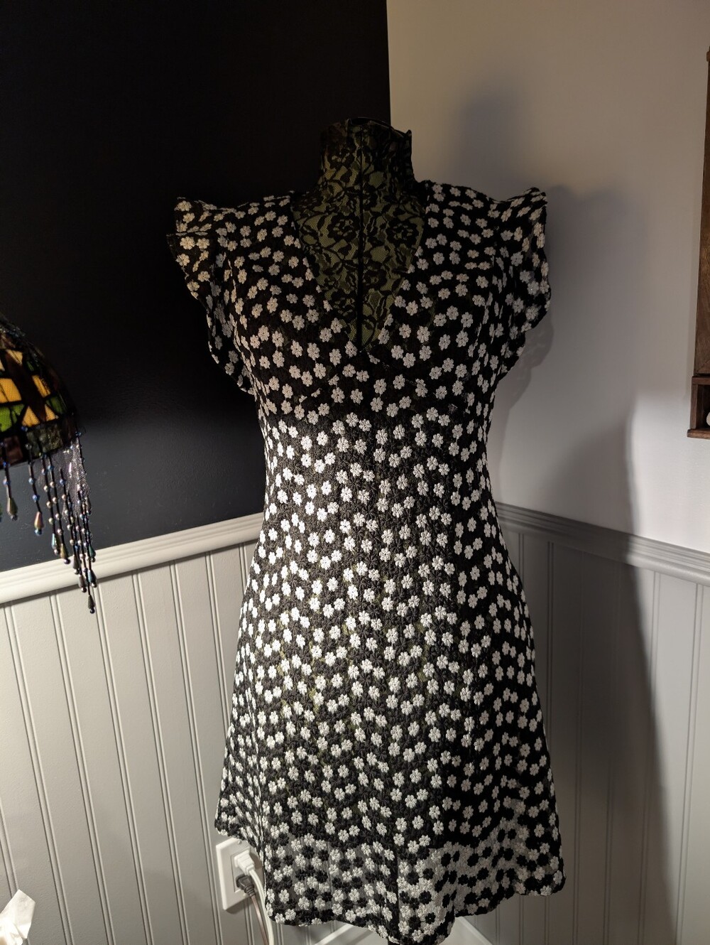 Black Daisy Print V-Neck Fit-and-Flare Dress